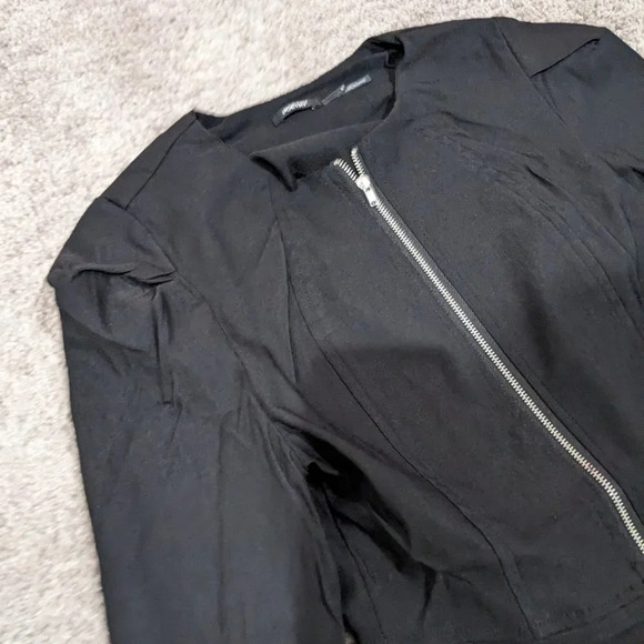 Poetry Black Peplum Blazer With Puff Shoulder Zipper front size S - Picture 3 of 9